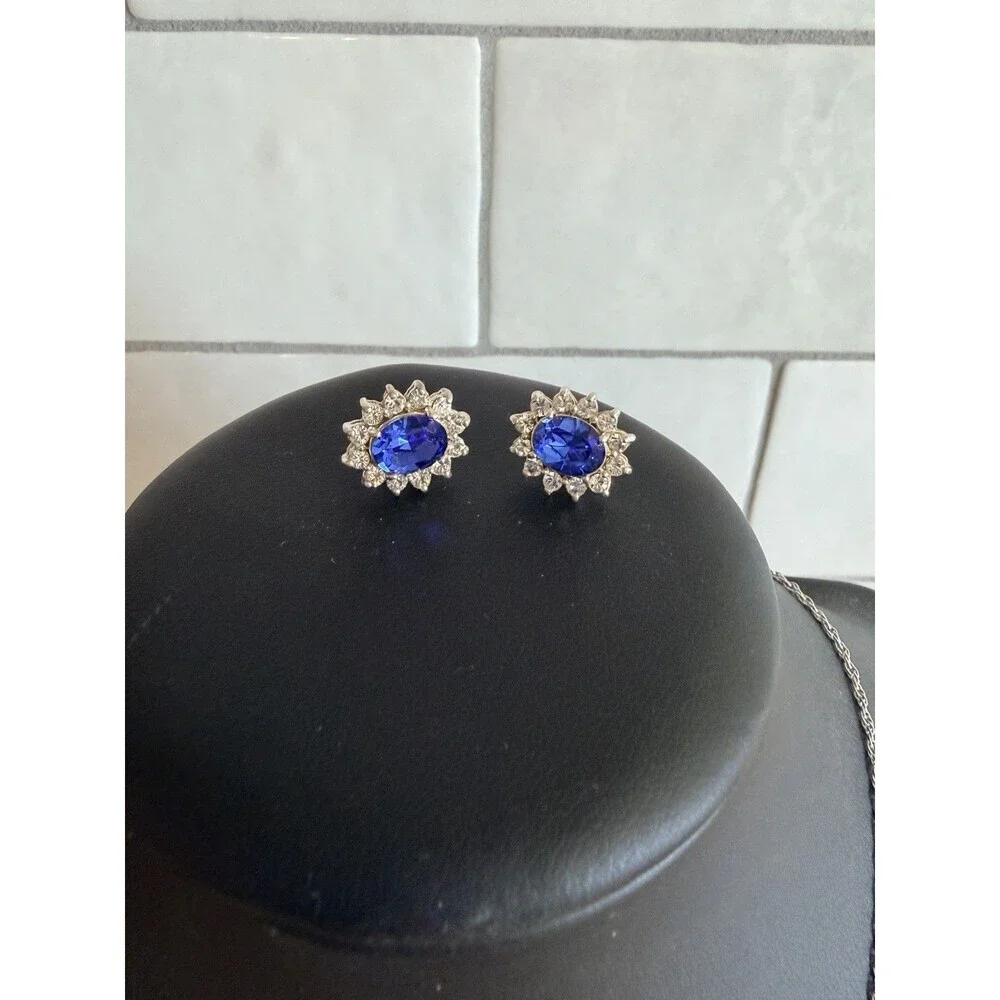 925 Sterling Silver CZ Blue Sapphire Ring Earrings Pendant Necklace Set